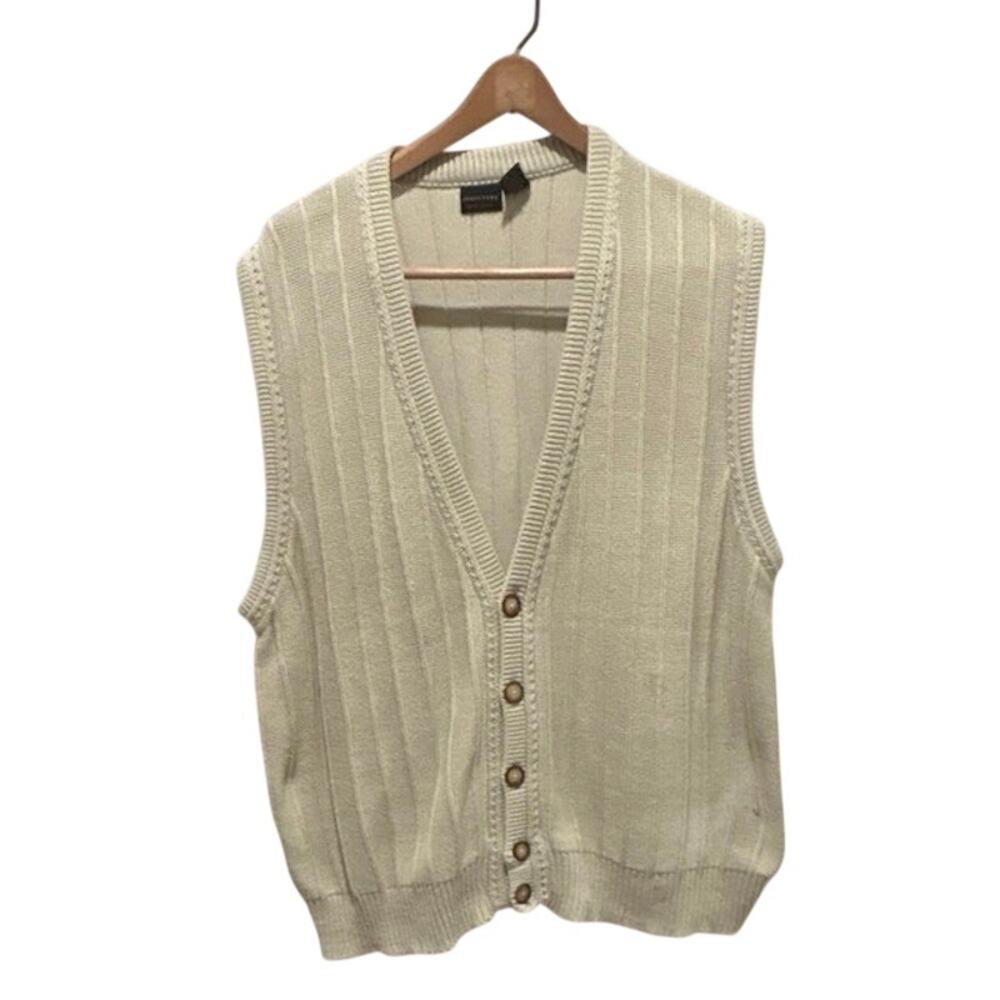 Beige Structures sweater vest classic button-down front, ribbed texture mens L